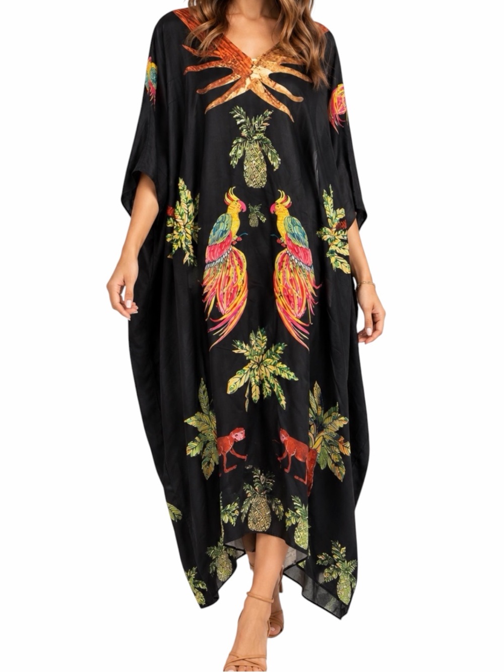 Vibrant Tropical Pineapple, Parrot & Monkey Print Kaftan Size One Size Fits Most